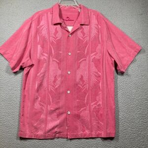Tommy Bahama Shirt Men's XXL Pink Floral Leaf Print Short Sleeve Button Up
